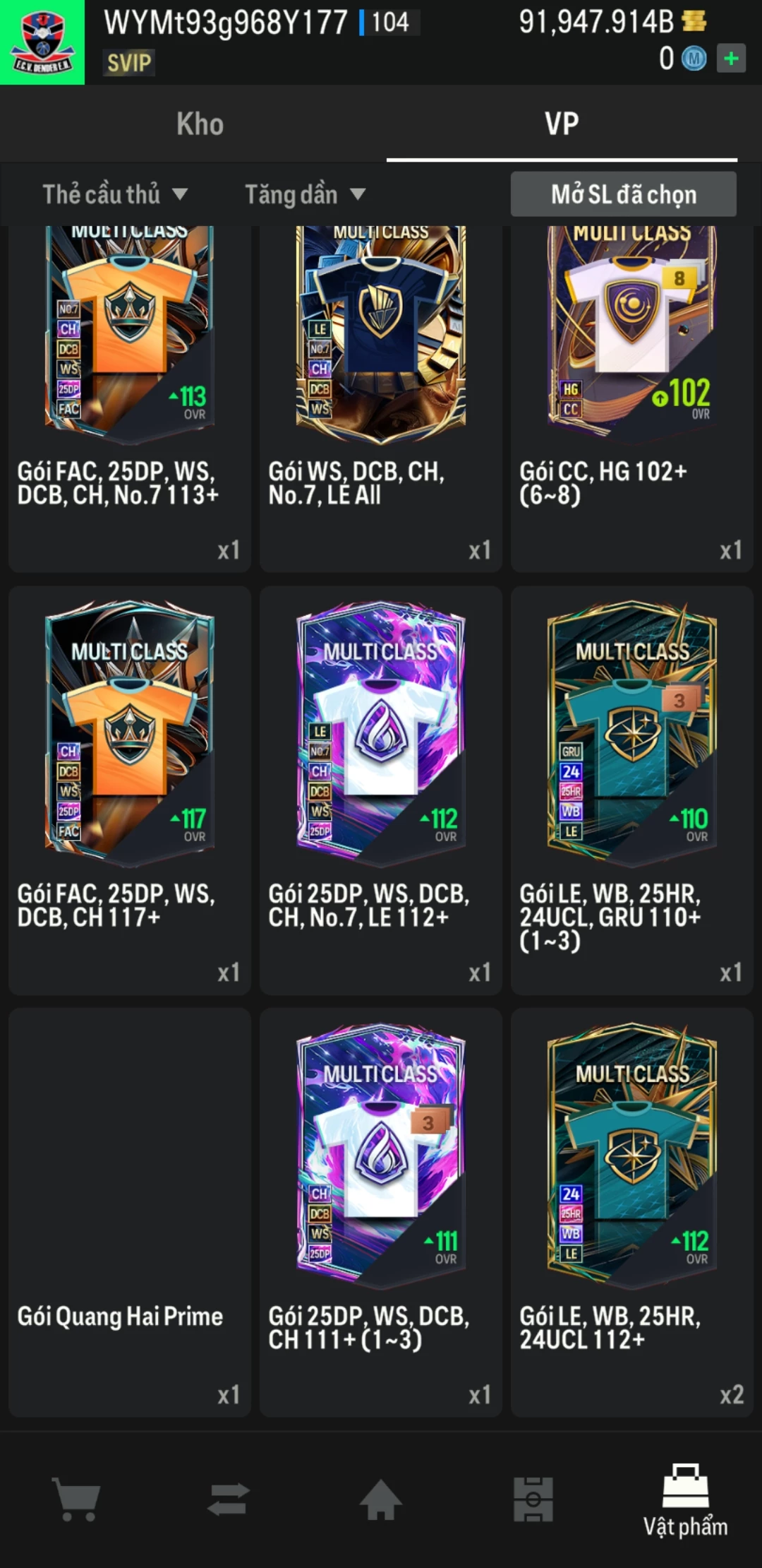 Ảnh ACC mở thẻ (LOẠI SUPER VIP) bao gồm có hơn 900+ đến 1100+ thẻ cầu thủ từ Siêu sao đến Miền núi các loại (ngẫu nhiên có: 01 thẻ +12 và 03 thẻ PRIME QH, XS, CP...) Acc có sẵn BP trắng từ 80.000 tỷ BP đến 120.000 tỷ BP kèm theo nhiều ngày SVIP